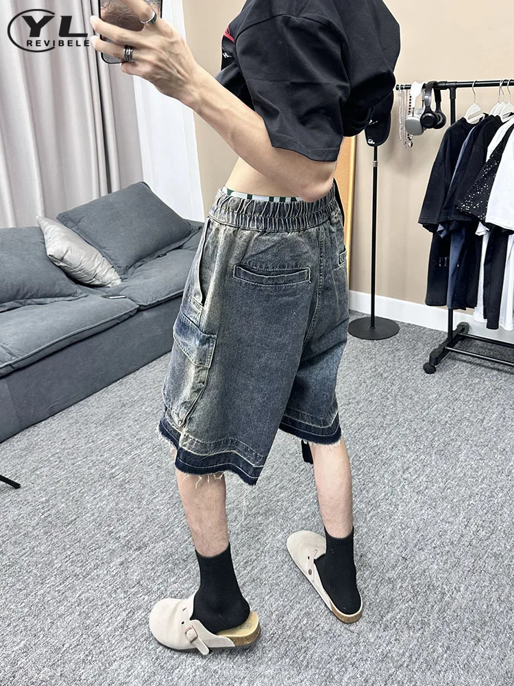 High Street Multi Pocket Denim Shorts Men Hip Hop Heavy Industry Washed Gradient Cargo Jean Pants Loose Casual Straight Trousers