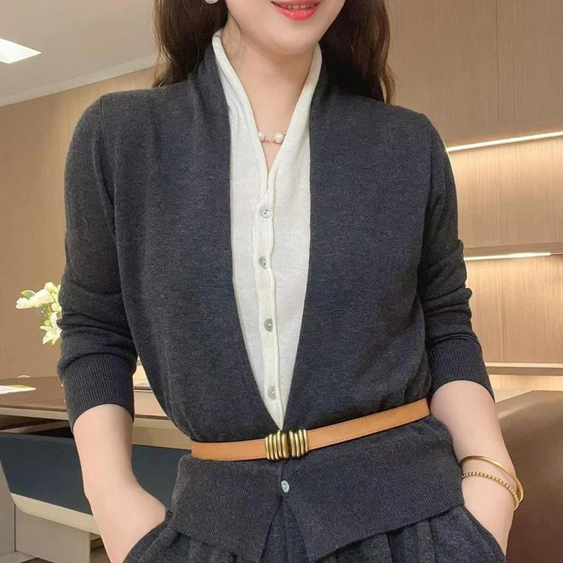 Women Stylish V Neck Patchwork Elegant Fake 2 Piece Knitted Cardigan Office Lady with Belt Chic Casual Long Sleeve Loose Sweater