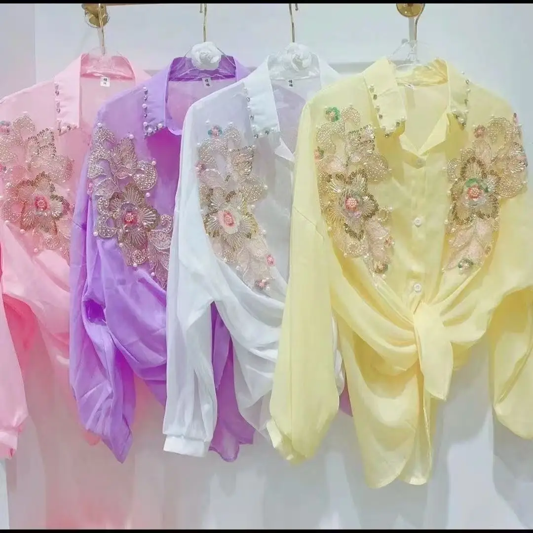 

Luxury Sequins Flowers Embroidery Long-Sleeved Single-Breasted Top for Women 2025 Summer Thin Sunscreen Shirts Blouses