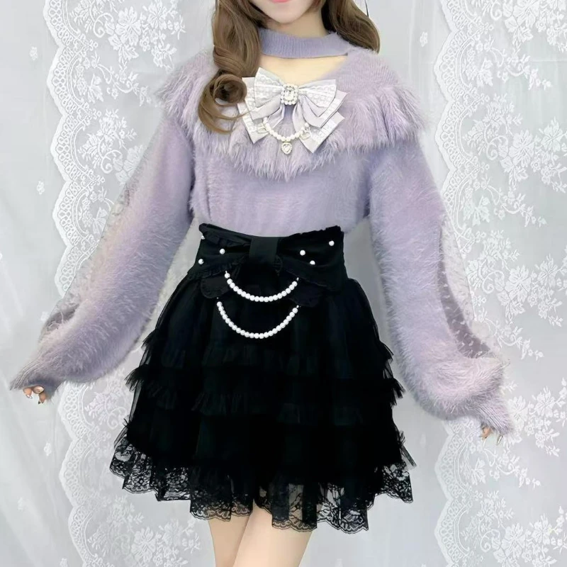 Japan Mass Production Sweet Lolita Knitted Pullovers Women Autumn Winter Woolen Pearl Bow Short Sweater Soft Furry Knitwear Coat