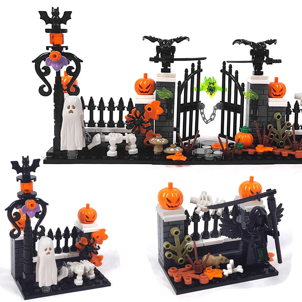 Halloween MOC Cemetery Scene Building Blocks Pumpkin Skull Ghost Death Reaper Spirit Creative Bricks Toys Compatible With LEGO