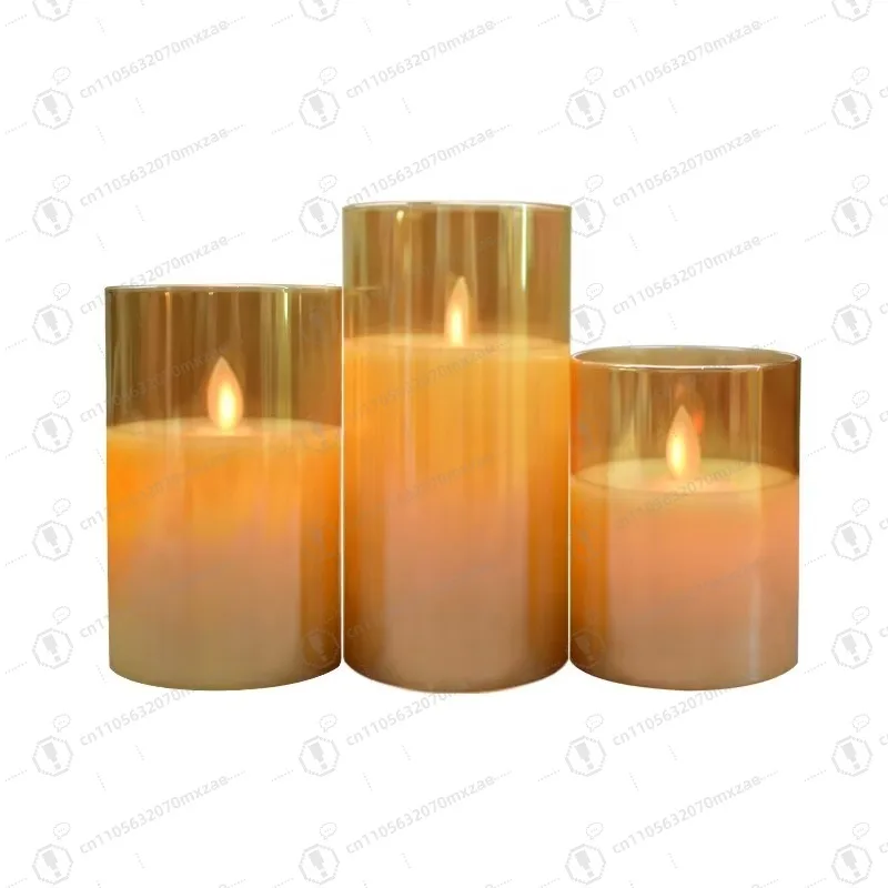 

No flame is more secure! 3-piece glass LED candle light: electroplated gold + 3D real flame + timer, holiday decoration