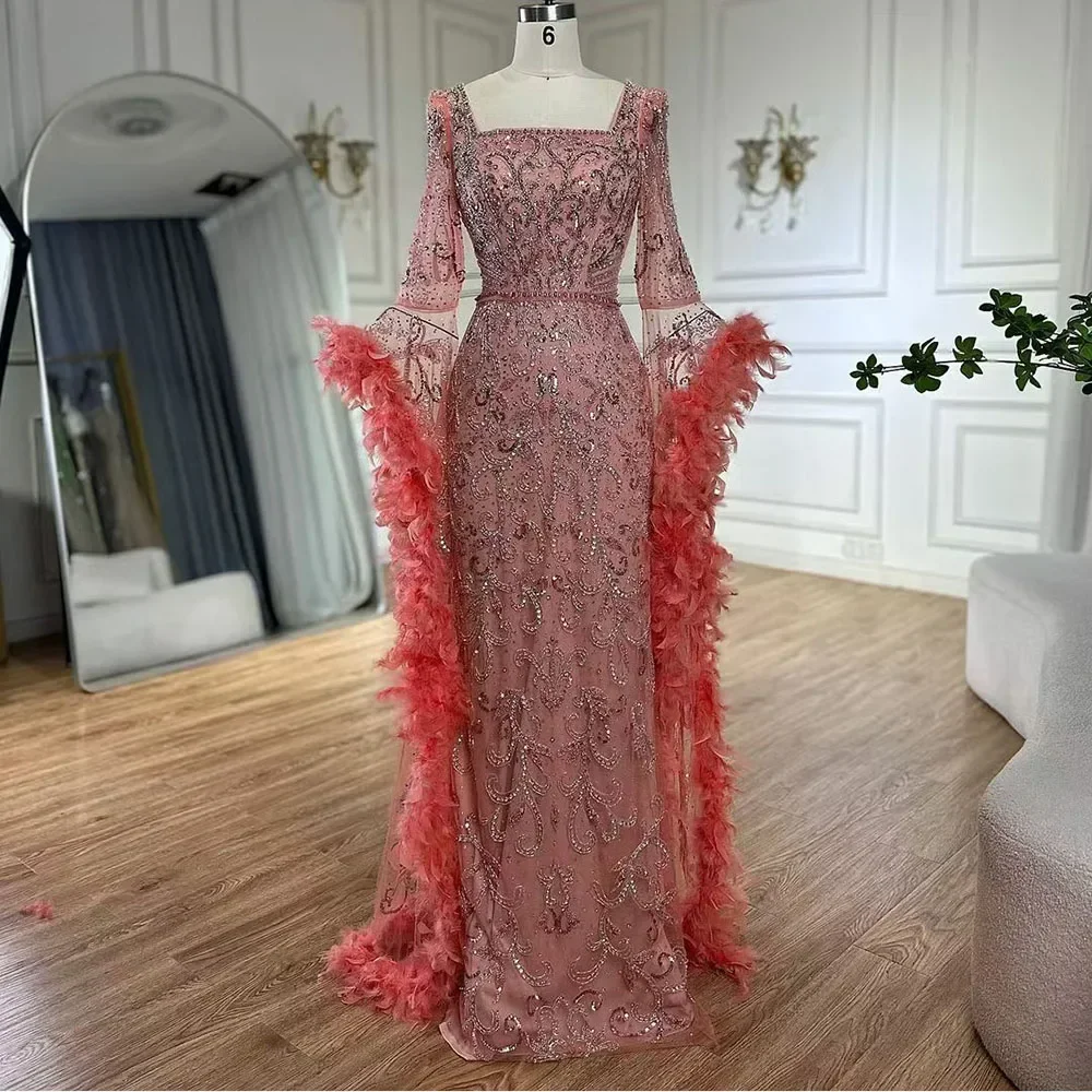 Serene Hill Flared Sleeves Mermaid Peach Beaded Feather  Evening Dresses Gowns For  Party 2024 LA72767 Customized