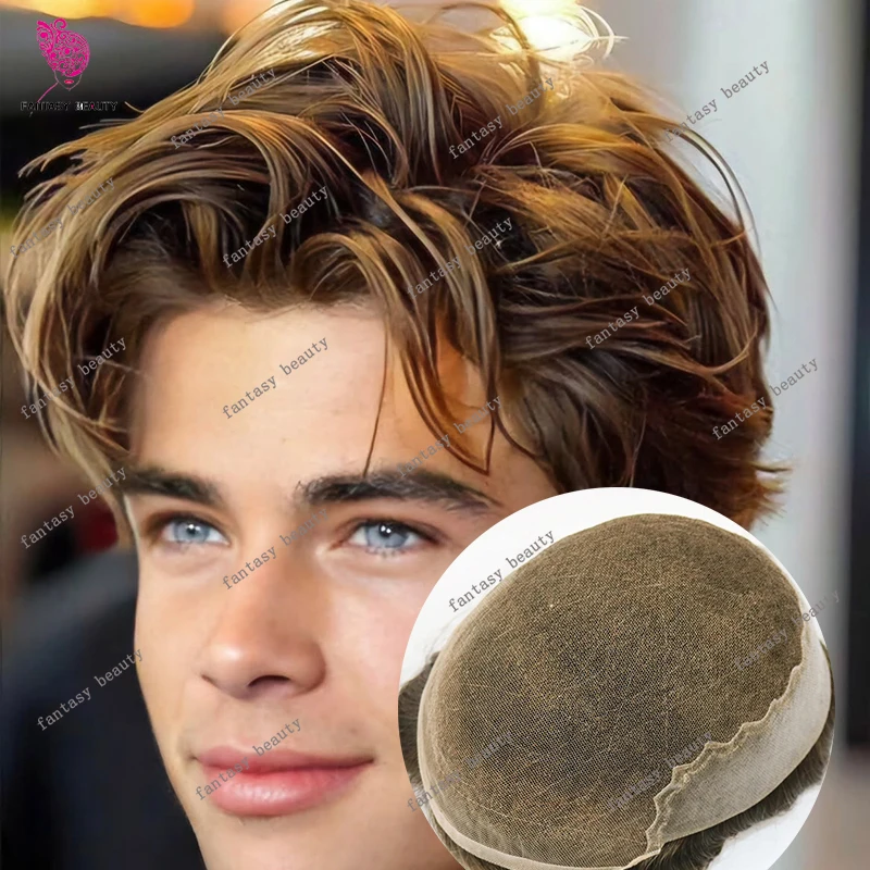 

Invisible Natural Hairline Men's Lace Front Toupee 20# Q6 Blonde Brown PU Base Breathable Swiss Lace Human Hair Bald Hairpiece