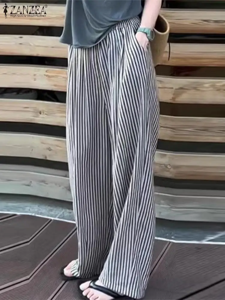 

ZANZEA 2024 Summer Stripes Pants Korean Wide Leg Trousers Women Casual All-match Thin Long Pants Elastic Waist Pockets Pantalon