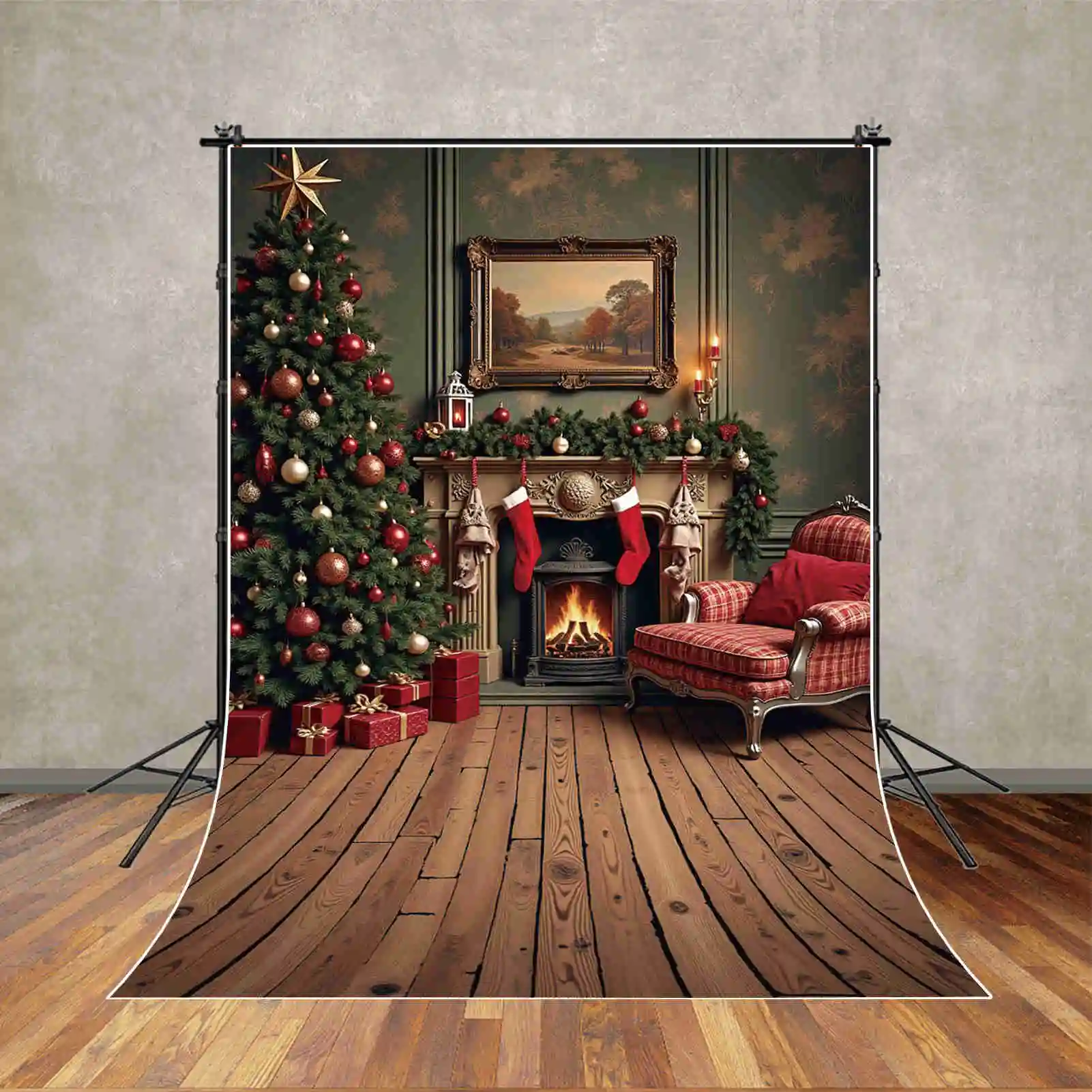 MOON.QG 크리스마스 배경 사진 선물, 벽난로 크리스마스 트리 포토콜 배경, 베이비 스튜디오 포토콜 액세서리