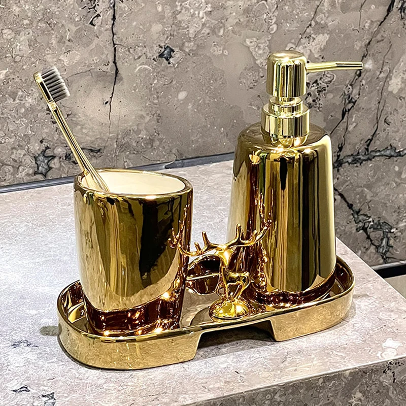 3pcs Luxury Electroplating Gold Ceramic Bathroom Accessories Set Elk Ornaments Soap Dispenser Gargle Storage Tray Bathroom