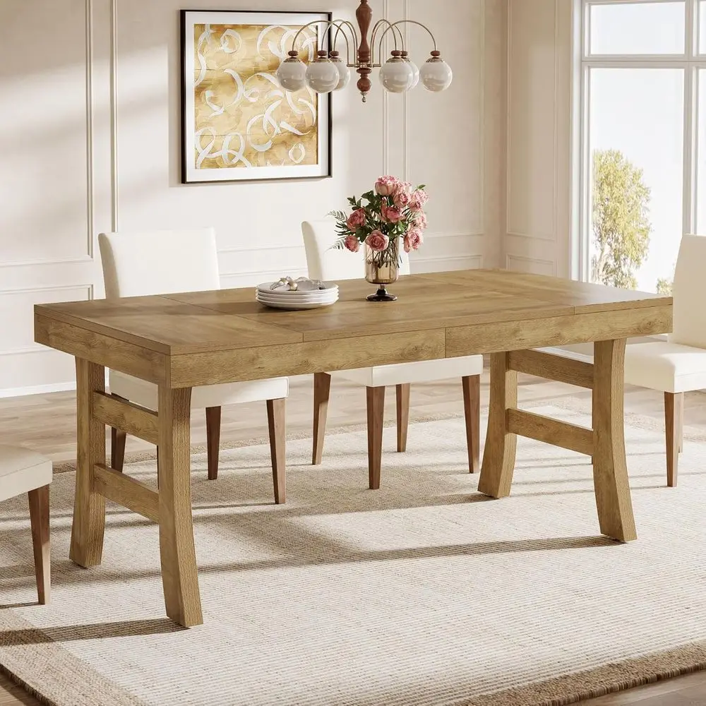 63 Large Dining Table for 4-6, Elegant Light Brown Kitchen/Dining Room Set with Strong Legs