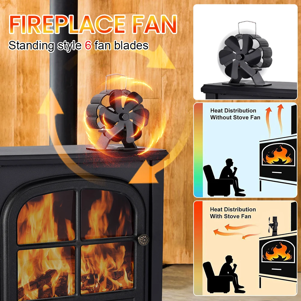 Black Fireplace Fan With 6 Blades Heat-powered Stove Fan No Battery or Electricity Required Log Wood Burner Eco Quiet Fan Heater