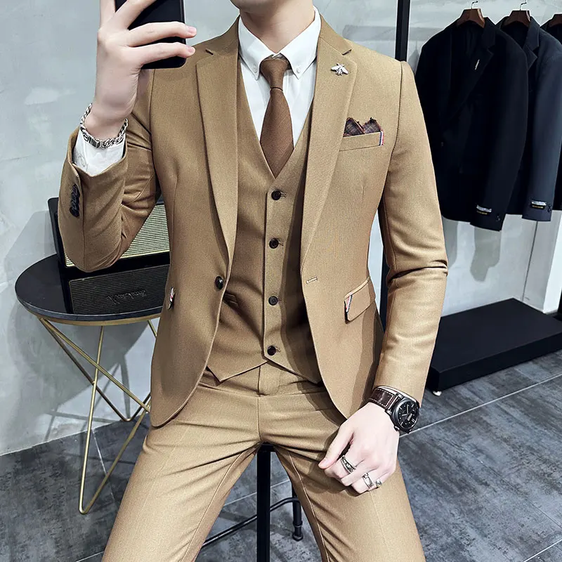 (Jackets+Pants+Vest)High Quality Slim Fit Party Suit Mens Tuxedos Formal Business Wedding Social Suits Woven Decorate 3 Pcs Set