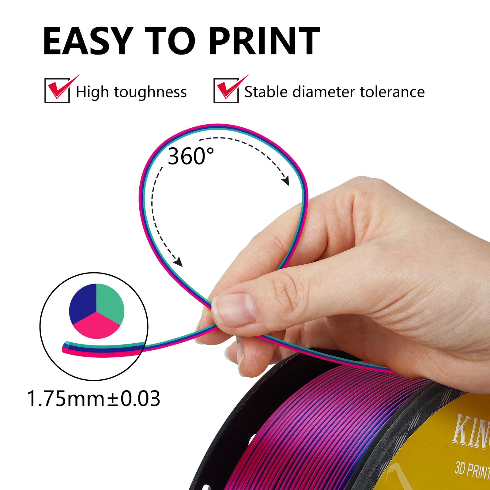 Imagem -02 - Carretel de Filamento Tricolor Silk Pla Liso e Sedoso Acabamento Brilhante Multicolor 175 mm Precisão Dimensional Mais 003 mm 1kg 22 Lbs