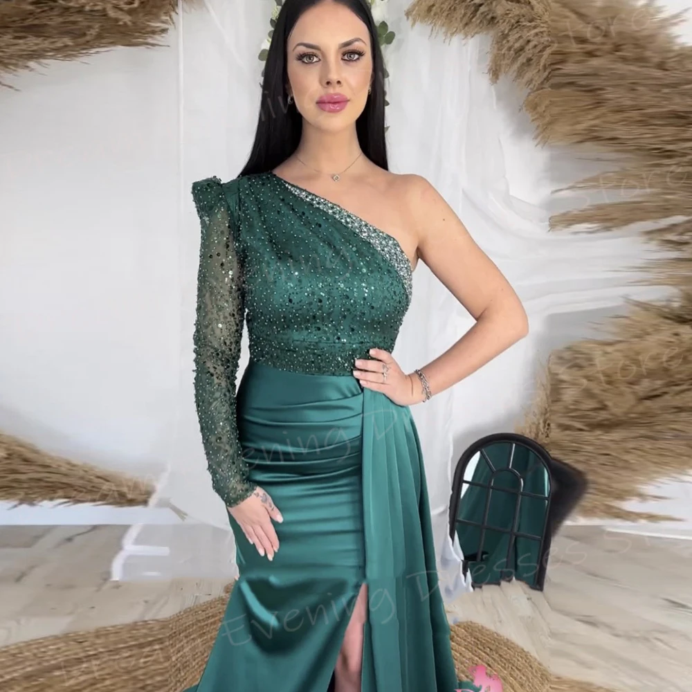 Classic Green Mermaid Beautiful women's Evening Dresses Modern One Shoulder Prom Gowns Sexy Side Split Beaded Vestido De Noche