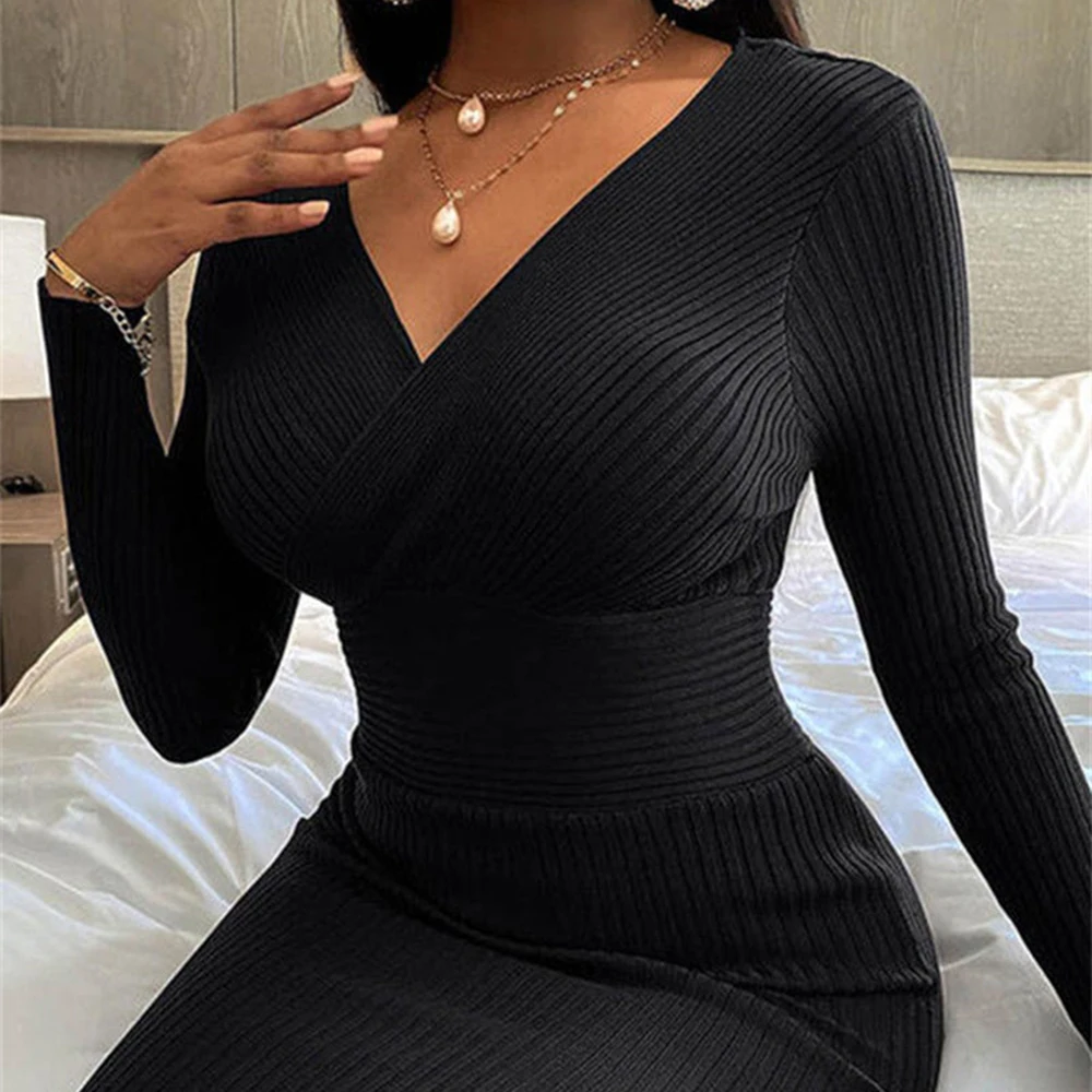 Plus Size V Neck Solid Split Joint Bodycon Sweater Midi Dress