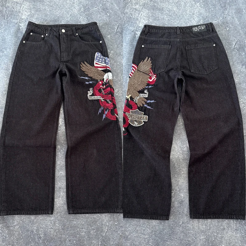 DERSCHUTZE Men Black Denim Jeans Eagle and Snake Embroidery Pattern Wide Leg Loose Streetwear Trousers