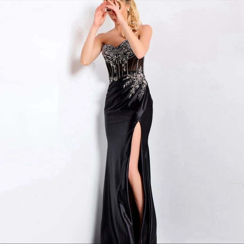 ชุดราตรีทรงเมอร์เมดประดับคริสตัลวิบวับ หรูหราด้วยงานปักลูกปัด ผ้าซาตินยาว ชุดออกงานพรอมสำหรับคนดัง สายเดี่ยว ผ่าสูง ชุดเดรสสำหรับงานปาร์ตี้