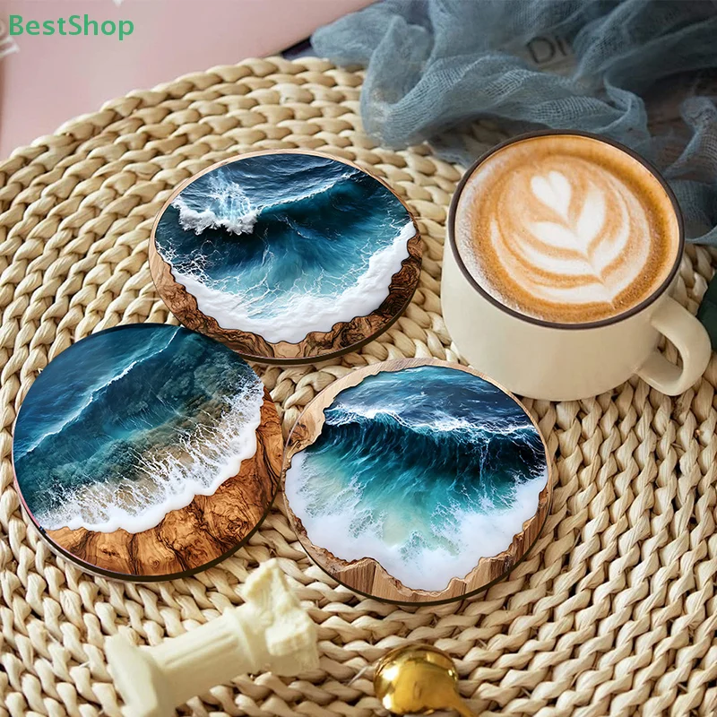 Blue Ocean Round Wooden Coasters & Placemats Set - Home, Cafe, Party Table Decor, Durable Drink Coasters For Stylish Dining