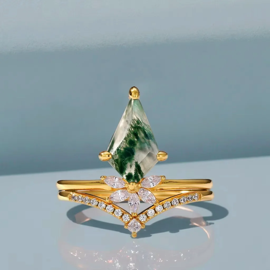 

Women's Kite Cut Moss Agate Engagement Ring Sterling Silver Stacking Rings Gold Plating for Anniversary Party