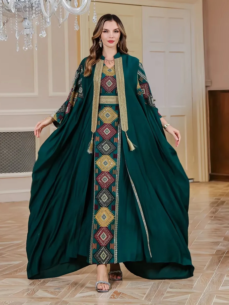 Eid Muslim 2 Piece Set Women Embroidery Dresses Open Abaya Suit Jalabiya Ramadan Dubai Kaftan Party Vestidos Cardigan Robe 2025