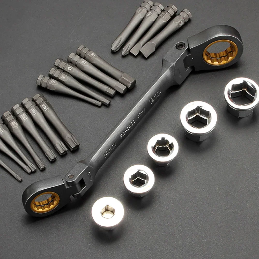 23pcs Multifunctional Ratchet Spanner Set Flexible Head Double Box Wrench Socket Screwdriver Bits Auto Repairing Tool