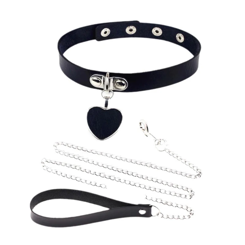 Sexy Handmade Leather Neck Collar Choker with O-ring and Chain Leash Adjustable Roleplay Accessory Love Necklace for Couples