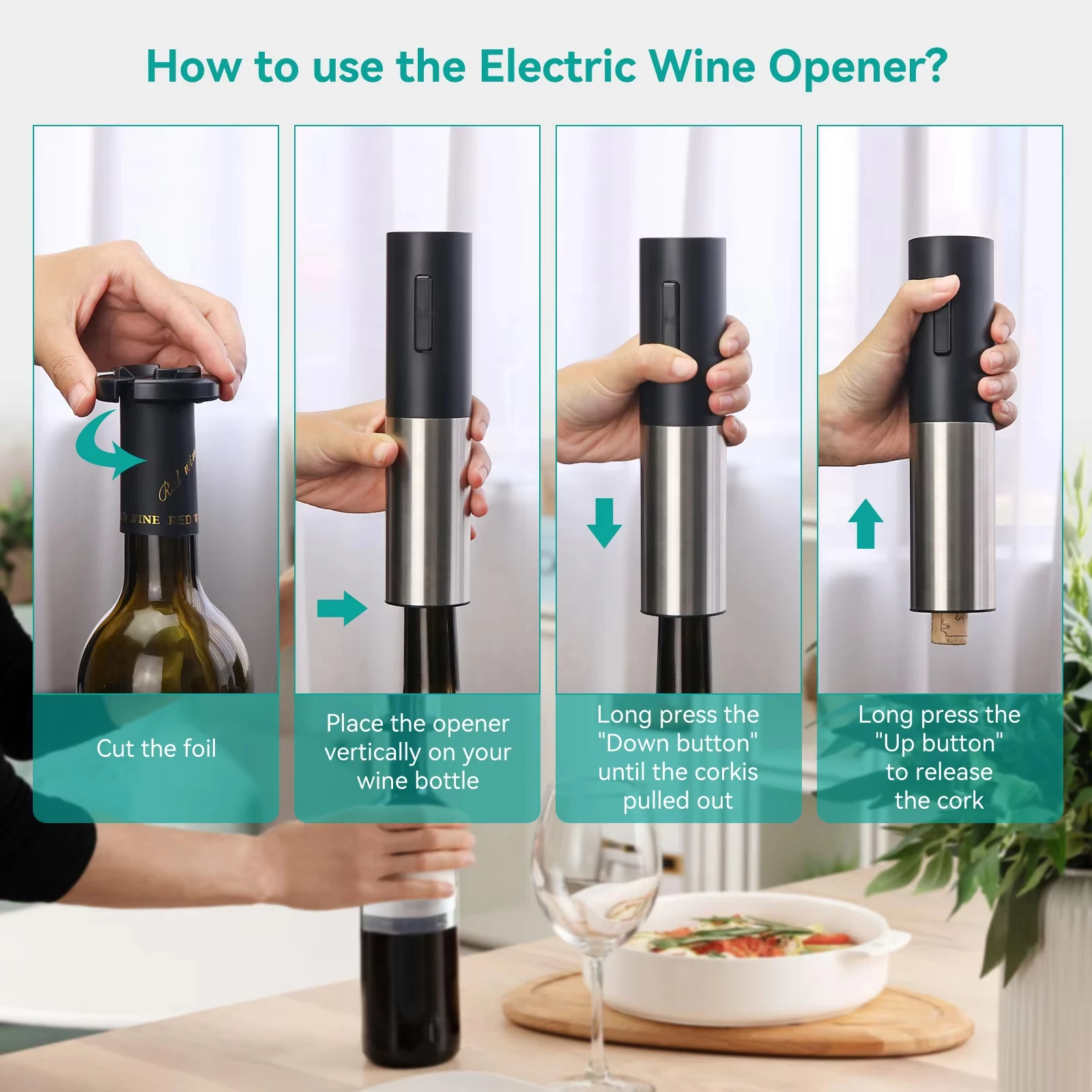 Juego de abridor de vino eléctrico recargable, sacacorchos automático de acero inoxidable, Kit de abridor de botellas de vino tinto de 4 piezas para Bar y cocina