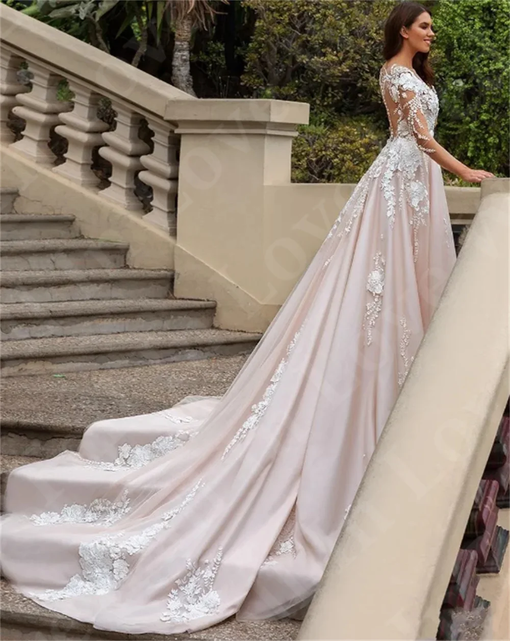 2024 Women Luxury Wedding Dresses V-Neck Illusion Long Sleeves 3D Flower A-Line Princess Prom Dress Bride Gown Vestido De Novia