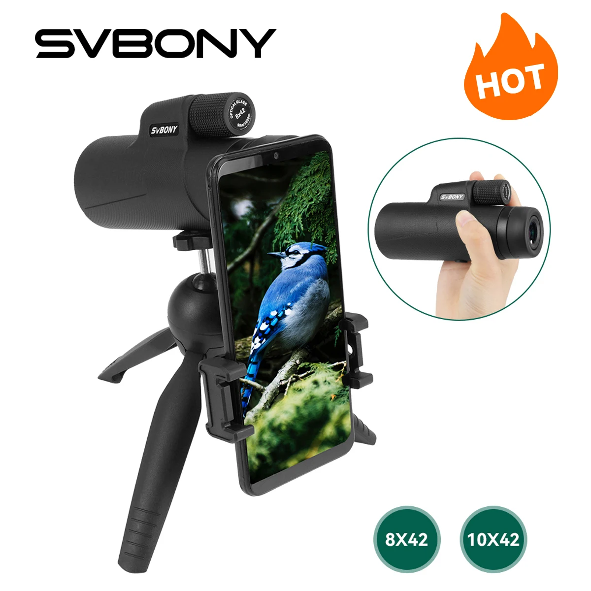 SVBONY SX32 Monocular Telescope with Tripod,8X42/10X42 Monocular with Phone Adapter,Waterproof Fogproof for Bird Watching, Targe