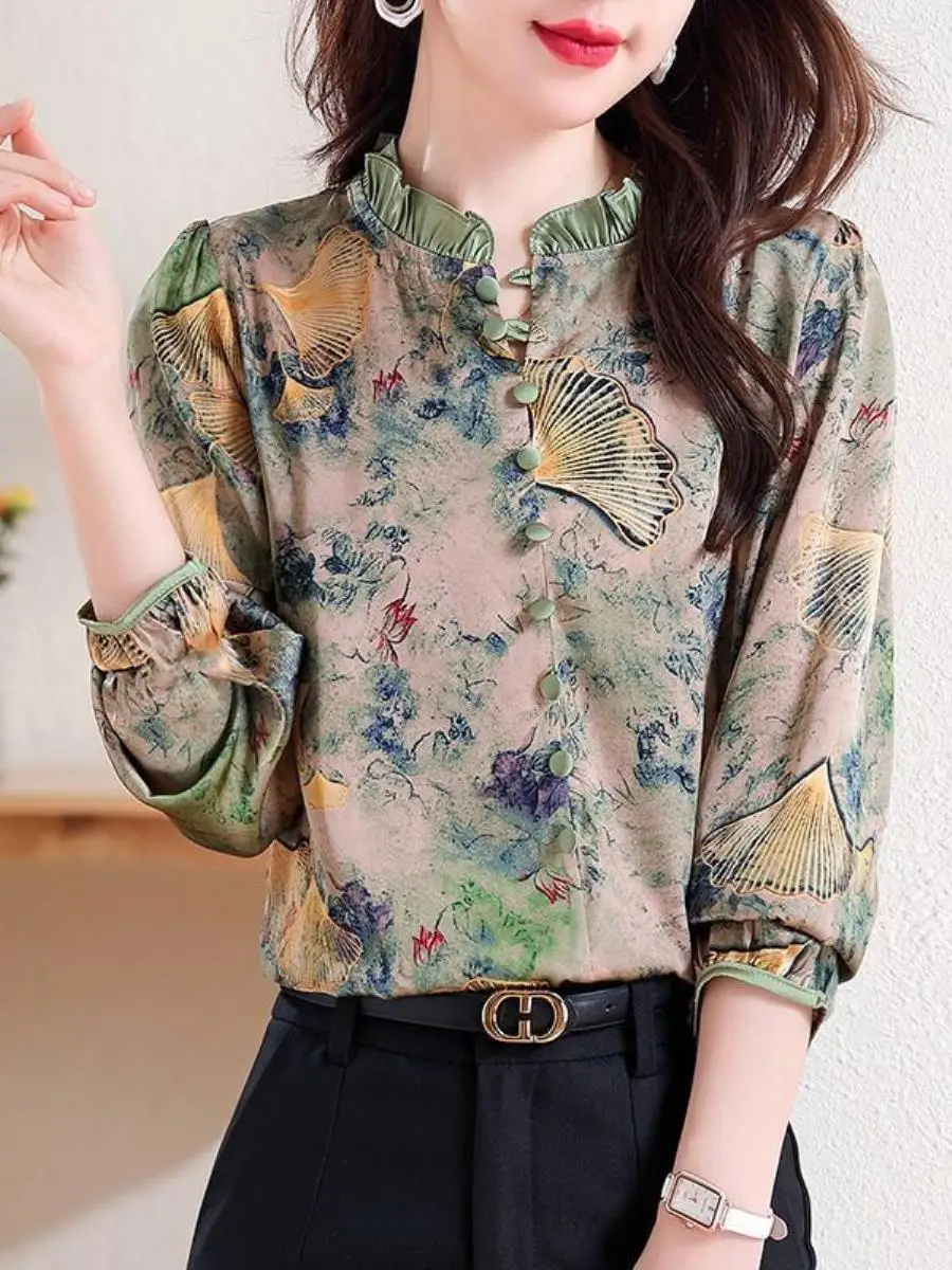 Long Sleeve Floral Print Chiffon Top Women's Belt Buckle Cover up Shirt Versatile Spring Autumn New Style Ladies Anti-Aging
