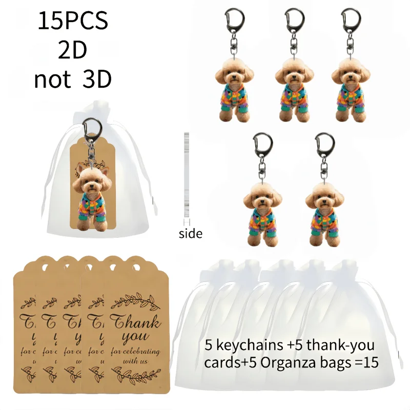 5sets Poodle Keychains Includes Acrylic 2D Pendants & Thank You Cards & Organza Bags Car Rearview Mirror Ornaments Home Decor