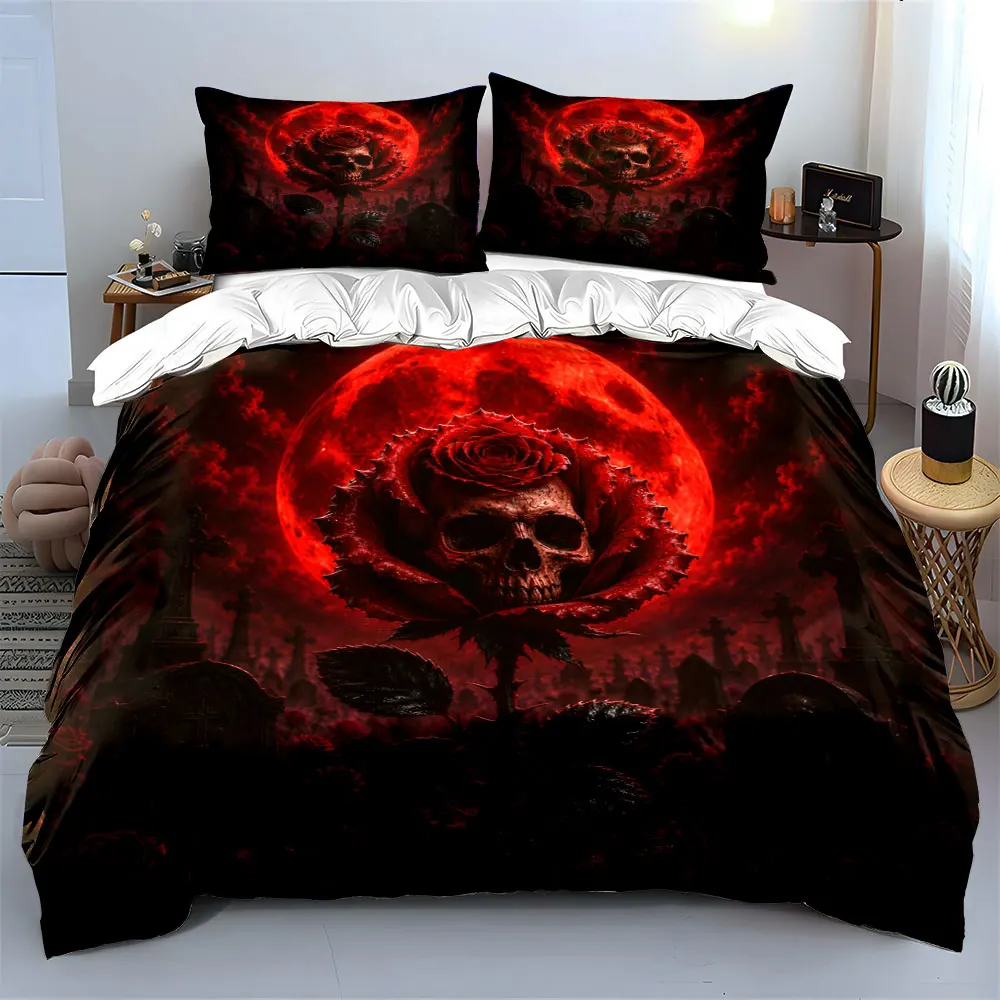 Gothic Skull Rose Duvet Print Bedding Set 1 Duvet Cover 2 Pillowcases for Adult and Children Luxury Gift Full Size