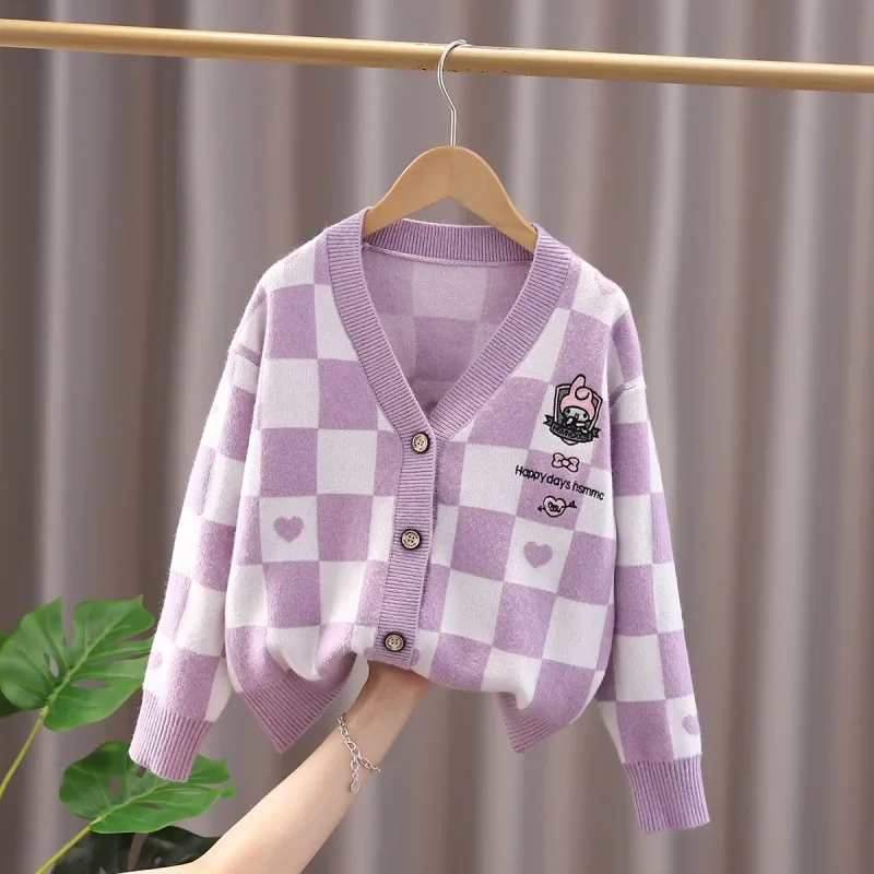 Sanrioed My Melody Cardigan xadrez para desenhos animados para crianças, suéter Kawaii Anime para crianças, tops soltos para meninas, casaco de malha bonito, roupas de outono e inverno