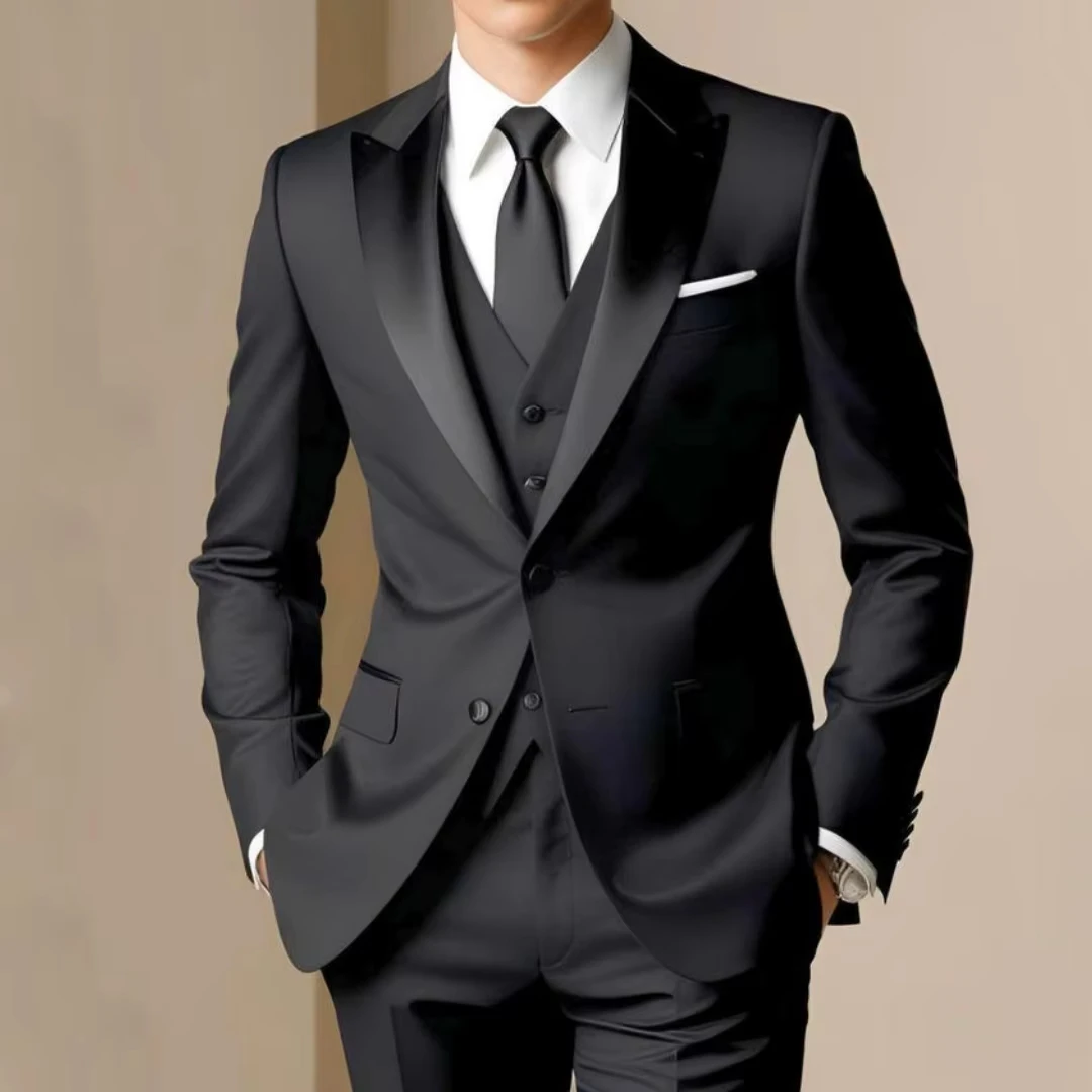 

Мужской костюм из 3 предметов: черный, с одной пуговицей и лацканами, для свадьбы, банкета, дня рождения, деловых встреч, работы, офиса, повседневной носки (пиджак, жилет, брюки)