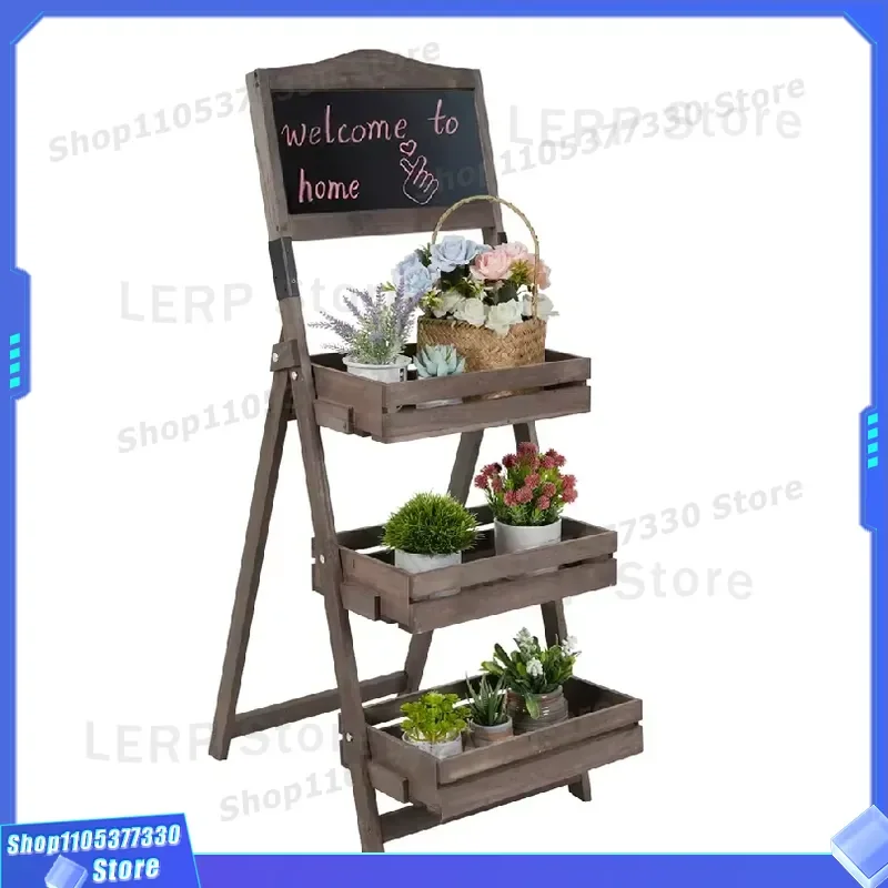 Vintage dunkelbraunes Holzregal mit Kreidetafel, 3-stufiges Regal für Pflanzen, Früchte, Heimdekoration, klassischer schwarzer Präsentationsständer für die Küche