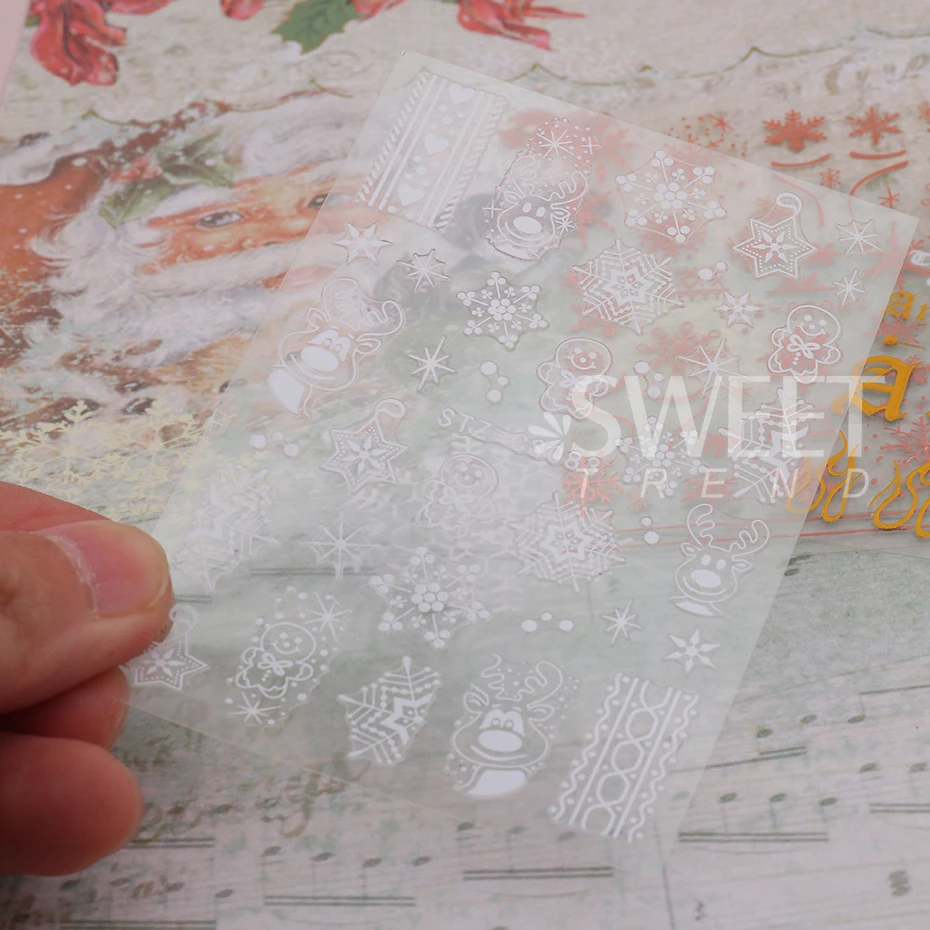 2 pçs 3d rosa ouro natal etiqueta do prego inverno elk floco de neve decalque holográfico santa árvore slider para ano novo manicure decoração