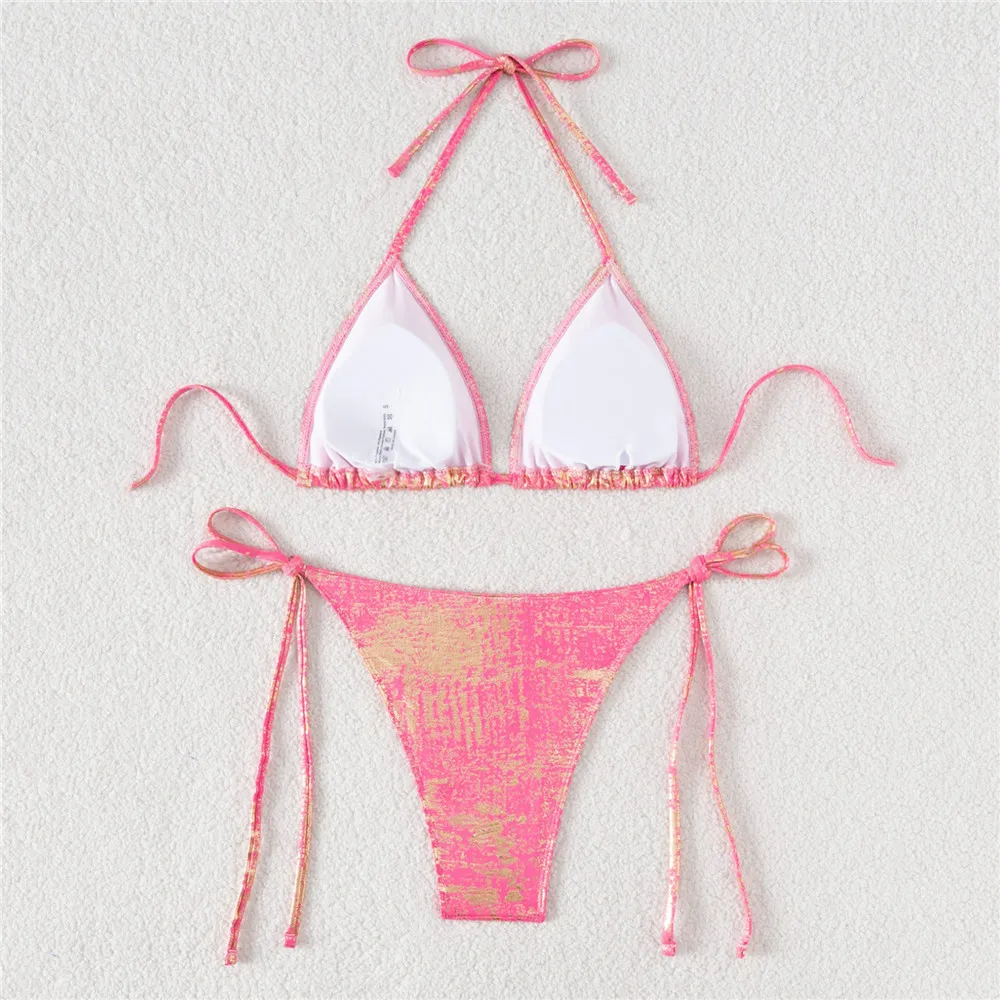 Green Shiny Swimwear Halter String Triangle Micro Bikini Thong Sexy Swimsuit Women 2025 Bathing Swimming Suit Mini Bikinis Sets