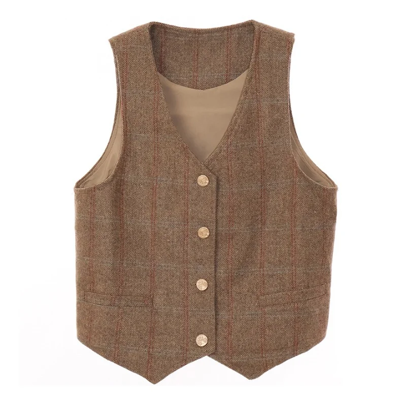 DAYIFUN-British Preppy Style,Waistcoat for Women,Autumn,Brown Short Plaid,Casual Versatile Vest,Single Breasted,Minimalist Tops