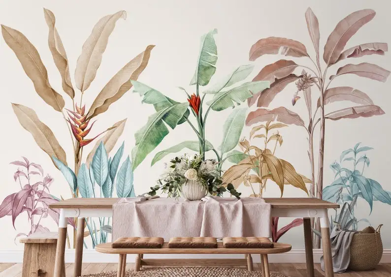 Tropical Wallpaper Peel and Stick | Colorful Banana Trees Wall Mural