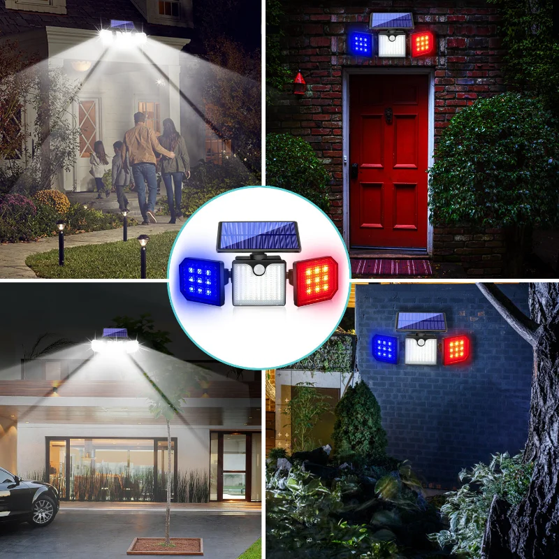 

2023 Solar outdoor wall Lights warning lamps flashing red and blue rotating three head warning garage entrance intersection