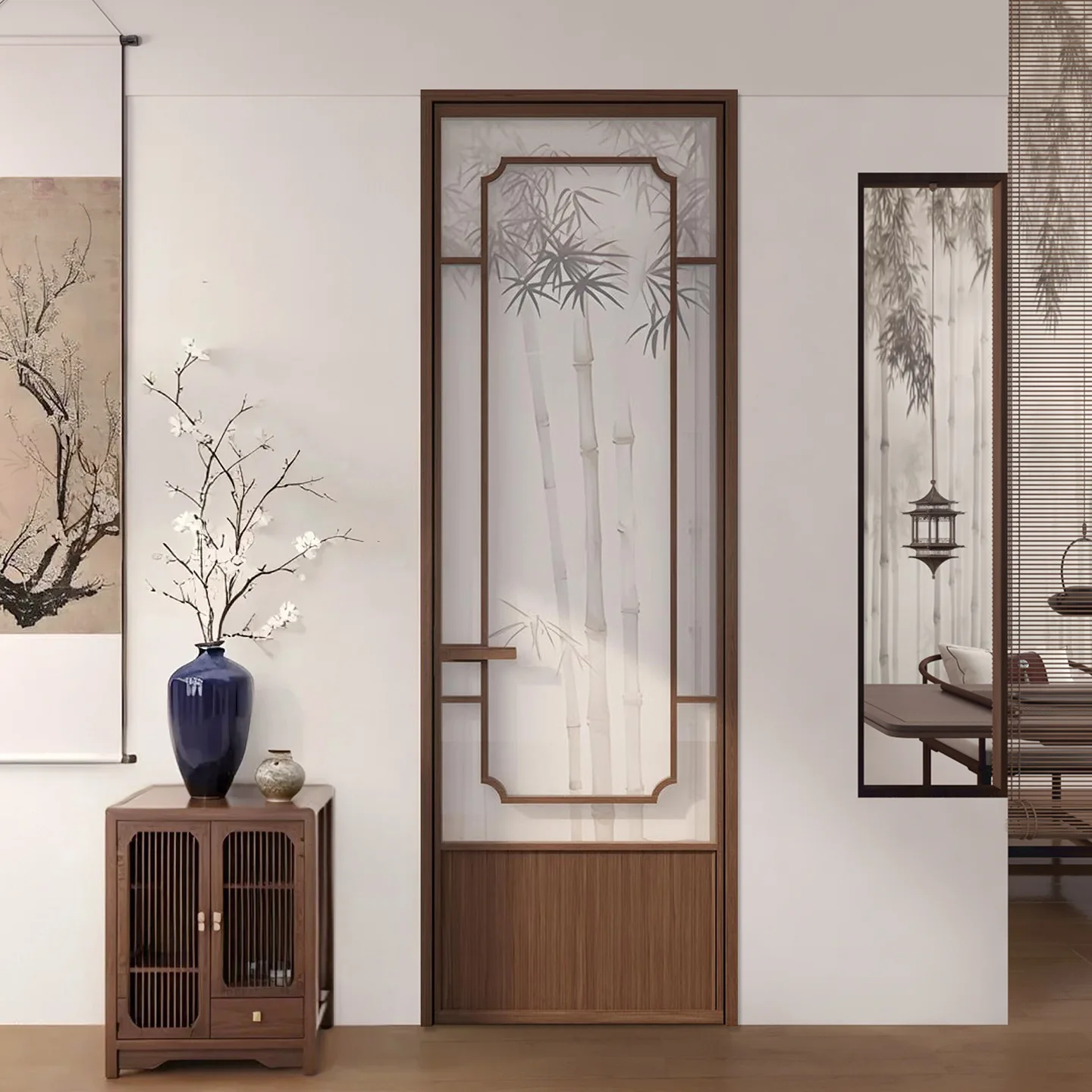 Song aesthetic bamboo shadow glass door new Chinese walnut aluminum bathroom tea room kitchen bathroom swing door
