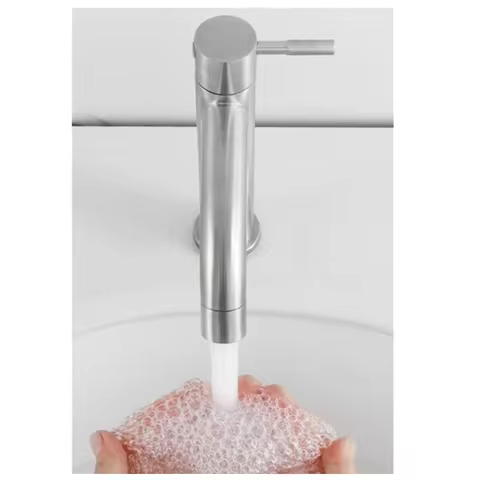 Basin Faucet 304 Stainless Steel Single Cold Water Tap Black Silver Color Deck Mounted Lengthening and Raising Basin Sink Tap