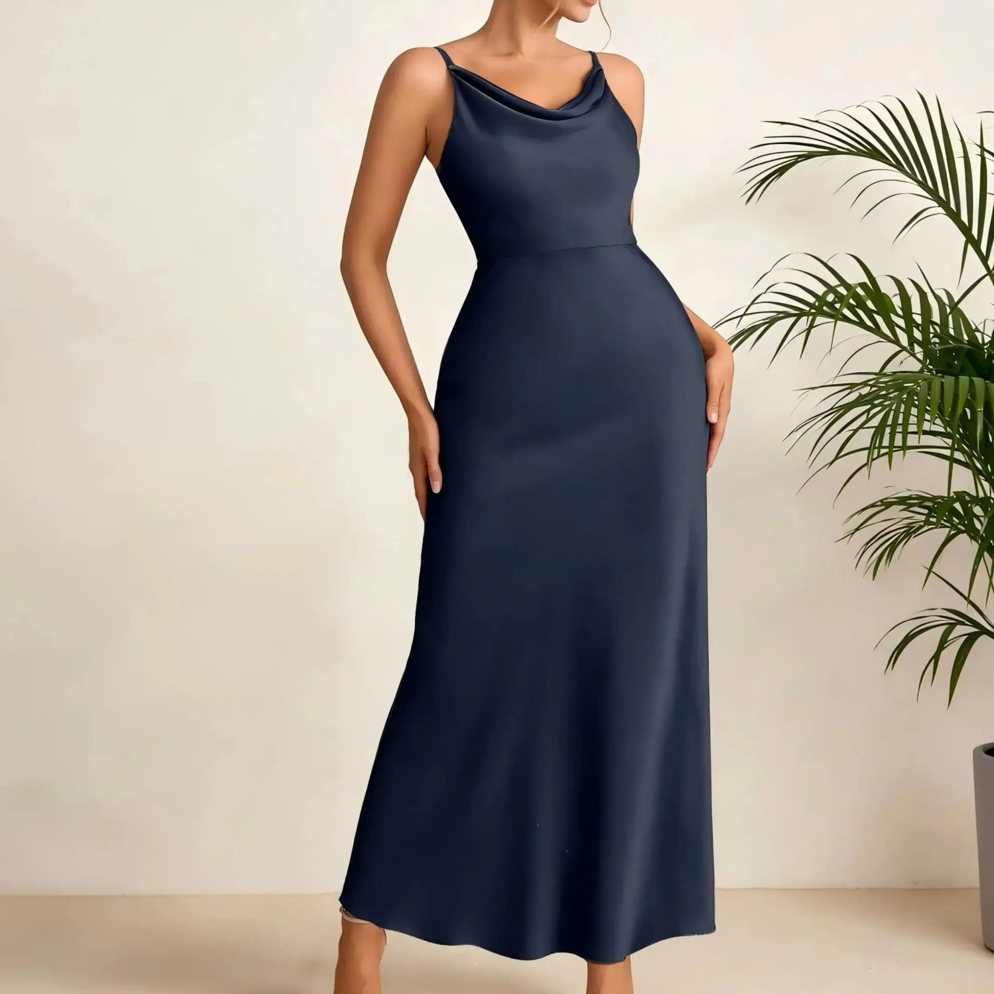 

Платье для подружки невесты из атласа цвета полуночно-синий с воротником-хомутом, несминаемое, с юбкой А-силуэта, струящееся, для свадебного ужина, коктейльной вечеринки