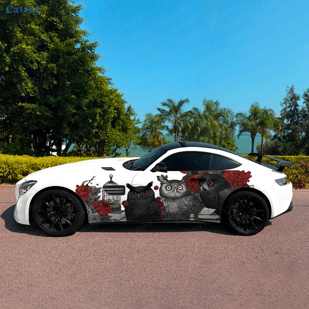 

Красноглазые совы, розы, украшение на боковую наклейку автомобиля, водонепроницаемая устойчивая к царапинам наклейка из ПВХ, защита автомобиля, автоаксессуары в подарок