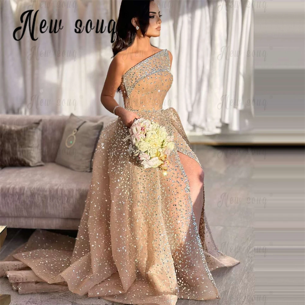 Dubai Nude Illusion Evening Dresses With Overskrit Sparkly Champagne Wedding Guest Gowns Aso Ebi Luxury Formal Prom Dresses