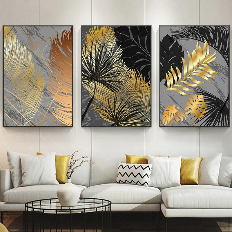 (3PCS Unframe)3Pcs/Set Frameless Paintings Plants Flowers Golden Leaves Art Canvas Posters Prints Abstract Wall Decor Minimalist