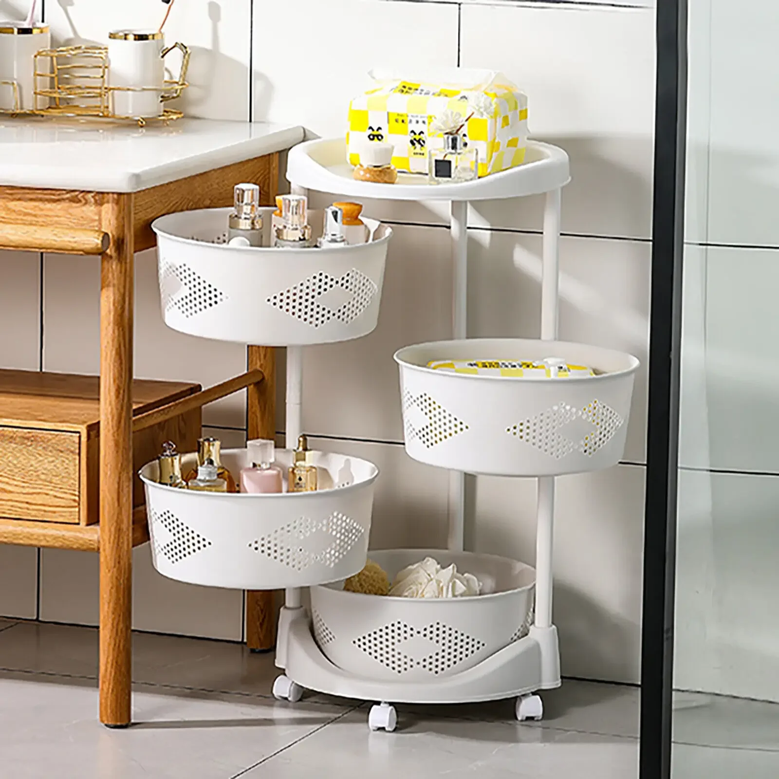 

Multi Layer Rotating Storage Basket Rack Adjustable Height Kitchen Organizer Pantry Shelf with Wheels for Fruits Vegetables