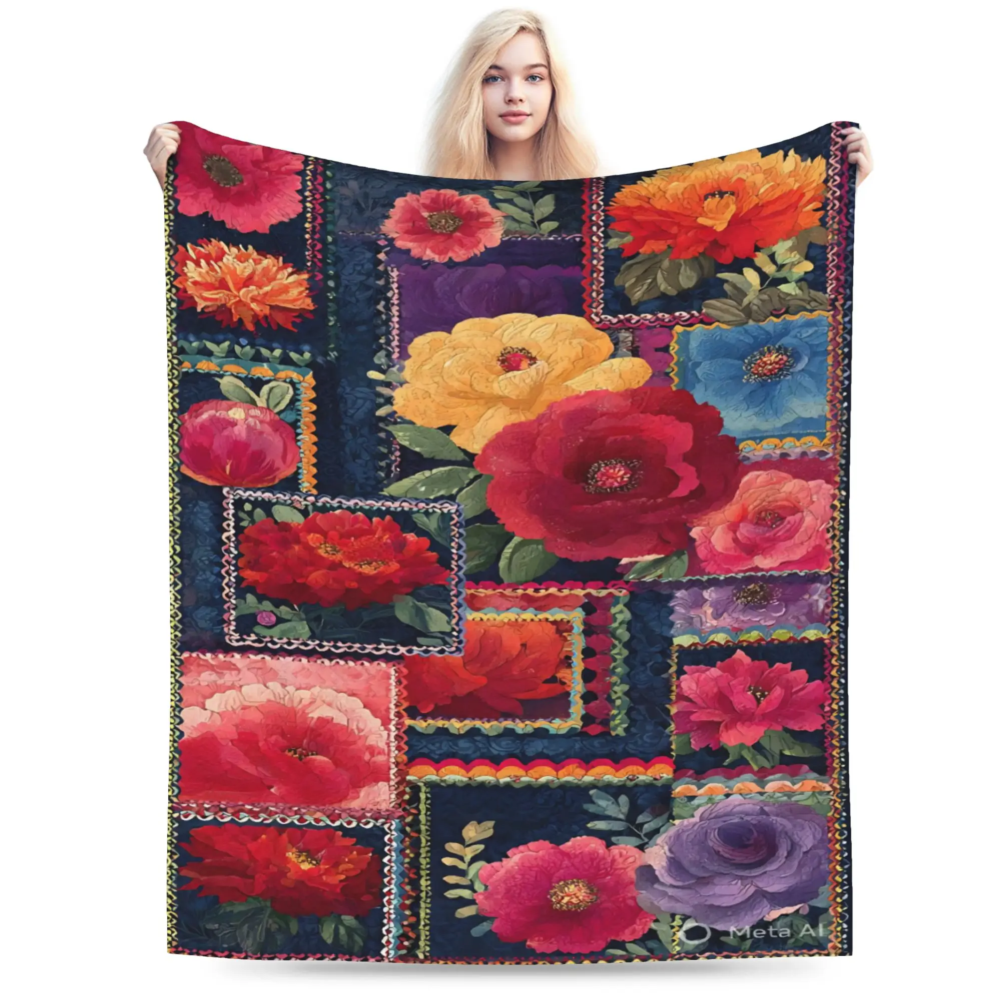 Floral Patchwork Blanket Multi-size Warm Cozy Fluffy  Throw Blankets for Couch Sofa and Bed