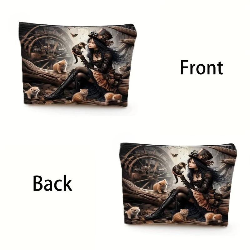 حقيبة مكياج ذات سعة كبيرة |   تصميم ميكانيكي على الطراز القوطي والقطط Steampunk