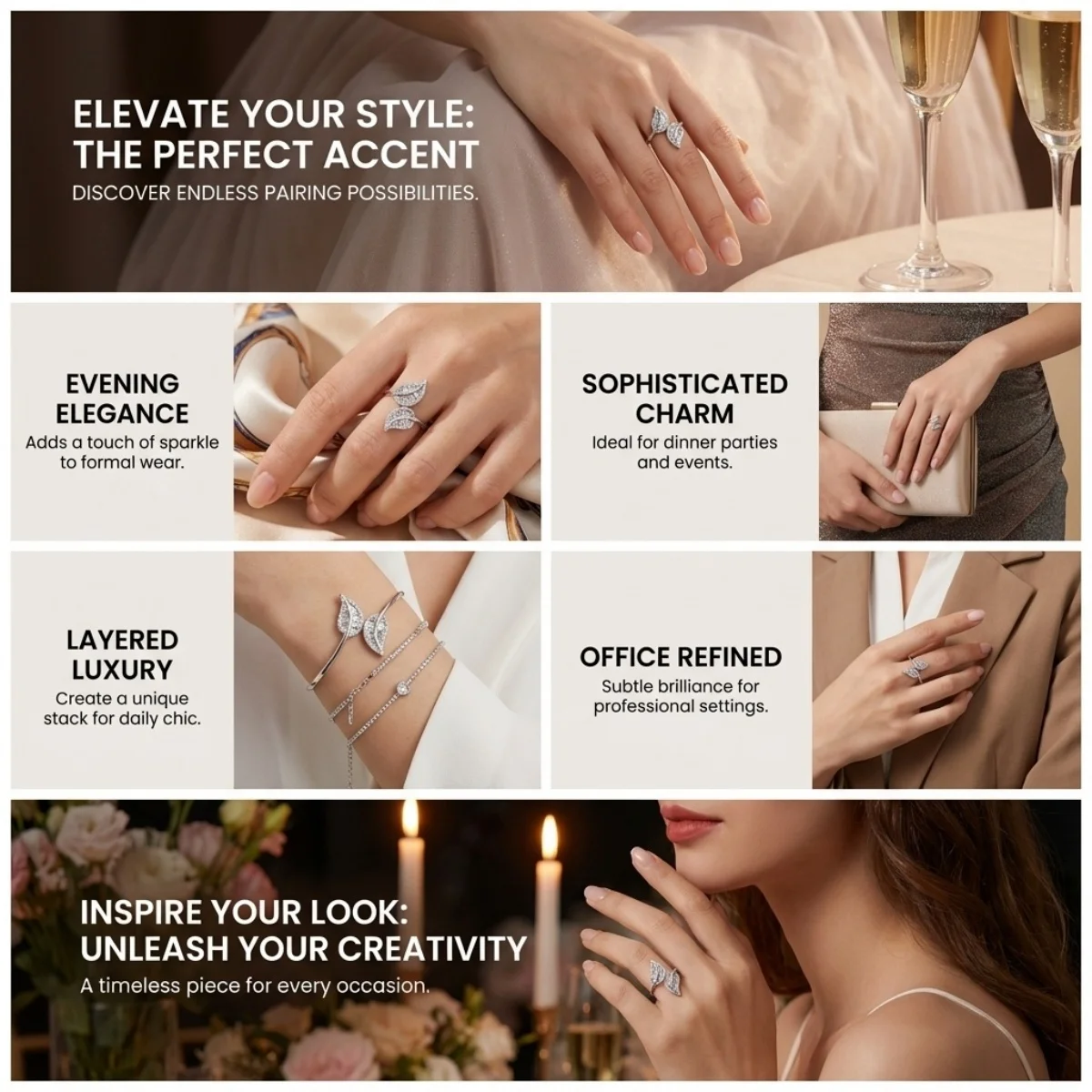 Vintage elegante, mit Blättern und CZ-Zirkon verzierte Öffnungsringe für Damen und Herren, zarter, glänzender Feder-Fingerring, Party- und Eheringe, Schmuck – Detail 3