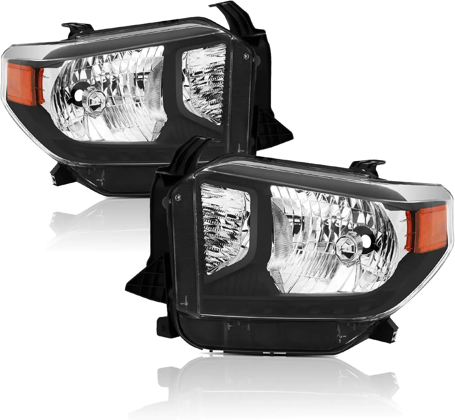 Headlights Assembly compatible with 2014 2015 Toyota Tundra Halogen Headlamp without Level Adjuster,Black Housing Amber Corner
