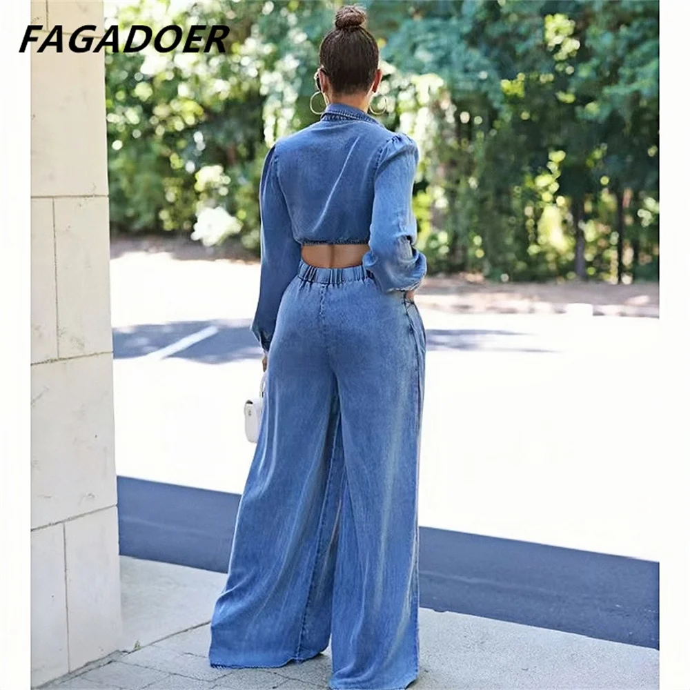 FAGADOER moda fasciatura gamba larga jeans pantaloni 2 pezzi set donna vestito colletto rovesciato Crop Top e pantaloni in Denim a vita alta abiti